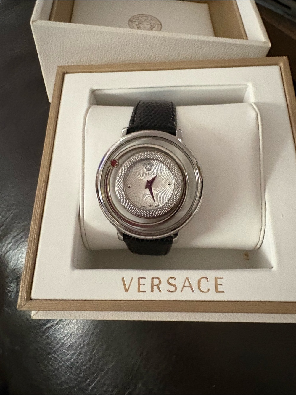 Versace Silver Dial Black Leather Strap Watch with Red Accent